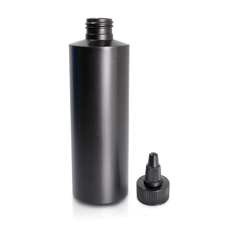 Empty Black HDPE Cylinder Bottle 8 oz w/Twisted Cap