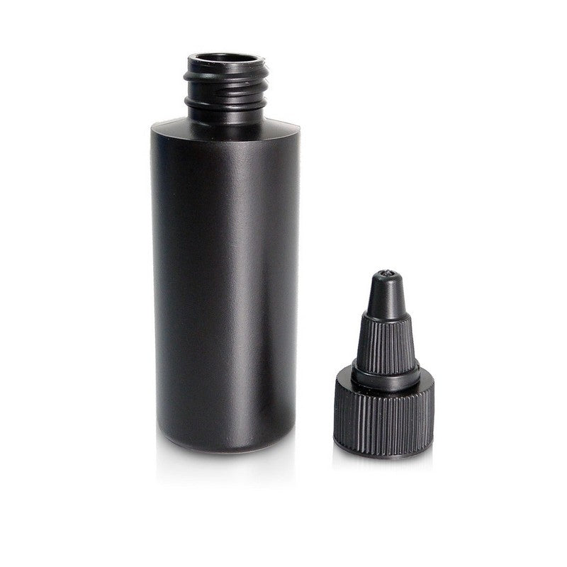 Empty Black HDPE Cylinder Bottle 2 oz w/Twisted Cap