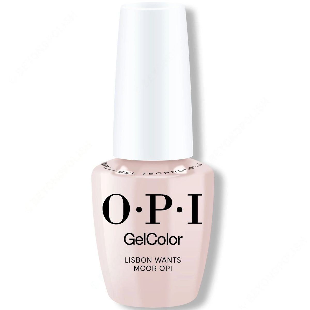 OPI GelColor nail polish bottle in the shade 'Lisbon Wants Moor OPI', featuring a pale pink color and a white cap, on a white background.