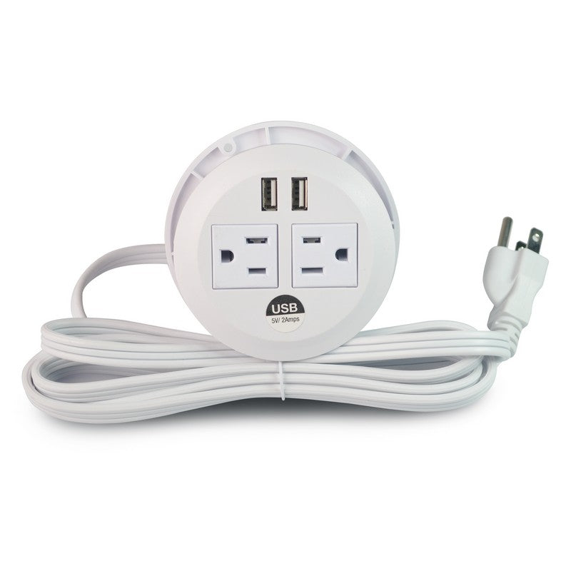 2- USB A , 2 - 3 Prong Electrical Plugs, 3" round, White